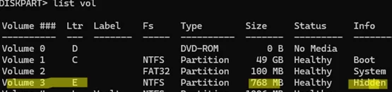 diskpart: list volumes