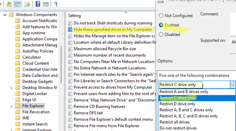 Hide these specified drives in My Computer - Group Policy option