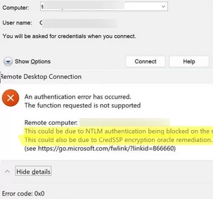 RDP auth error: This could be due NTLM authentication being blocked on the remote computer.