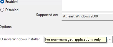 "Turn off Windows Installer" GPO on Windows Server by default set to For managed applications only