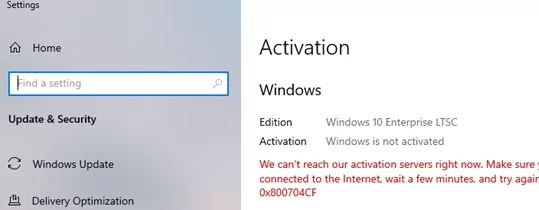 Windows LTSC Activation failed with 0x800704CF 