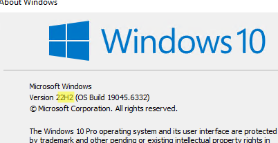 winver -> latest build Windows 10 22H2