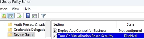 GPO option: Turn on Virtualization Based Security = disabled