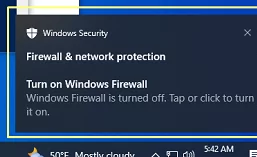 The "firewall is turned off" notification in Windows