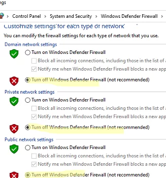 Turn off windows firewall for each network type