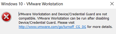 VMware Workstation and Device/Credential Guard are not compatible. VMware Workstation can be run after disabling Device/Credential Guard.