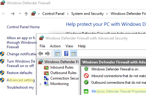 Windows Defender Firewall Properties