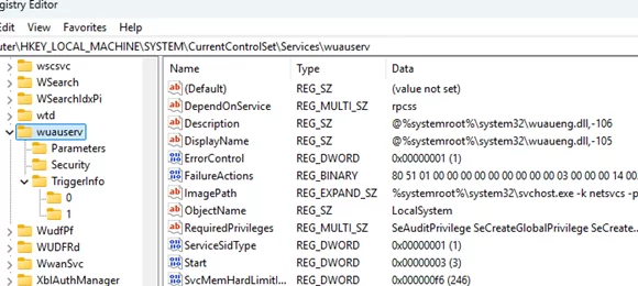 wuauserv service key in registry
