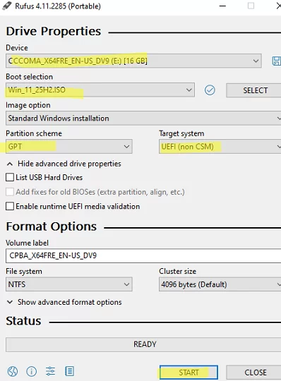 Burn Windows 11 image to USB flash using Rufus
