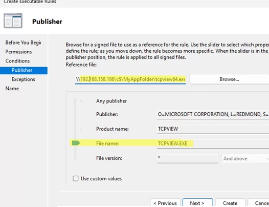 Create application control rule for specific program