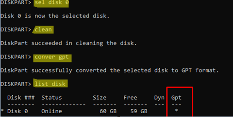 diskpart - convert disk to gpt