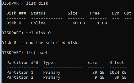 diskpart - list disk, check that partition table is mbr