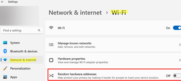 Enable or disable random hardware addresses for Wi-Fi in Windows