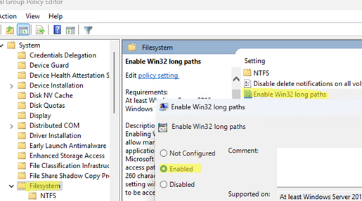 Enable Win32 long paths - GPO option in Windows