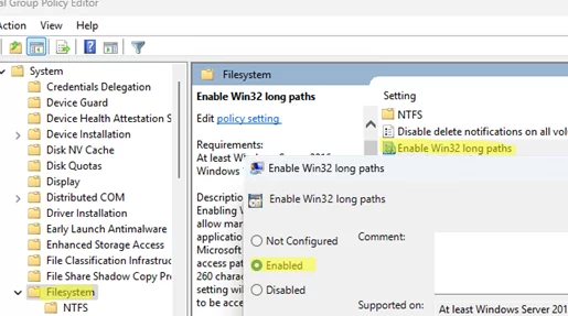 Enable Win32 long paths - GPO option in Windows