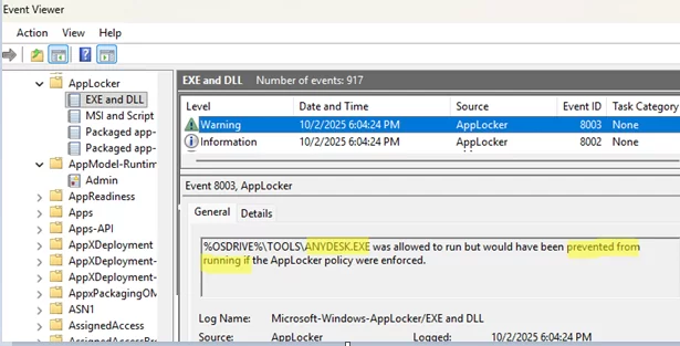 Event ID 8002: EXE was allowed to run but would have been prevented from running if the AppLocker policy were enforced