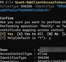 Grant-SmbClientAccessToServer - grant access to a QUIC file server by a client certificate