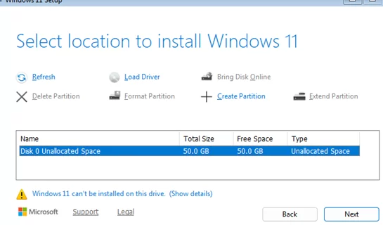 Install Windows 11 to an unallocated space 