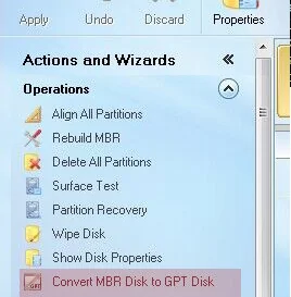 Minitool Partition Wizard - convert MBR disk to GPT