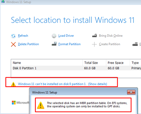 Windows 11 can’t be installed on disk 0 partition 1 The selected disk has an MBR partition table. On EFI systems, the operating system can only be installed on GPT disks.