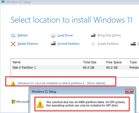 Windows 11 can’t be installed on disk 0 partition 1 The selected disk has an MBR partition table. On EFI systems, the operating system can only be installed on GPT disks.
