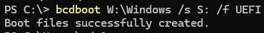 bcdboot W:\Windows /s S: /f UEFI - copy EFI bootloader
