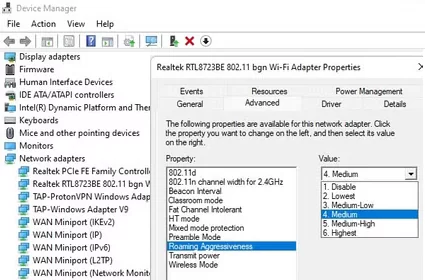 Change Roaming Aggressiveness in WLAN adapter settings