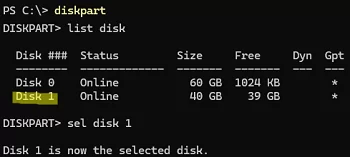 diskpart - list disks