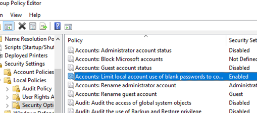 GPO: Accounts: Limit local account use of blank passwords to console logon only