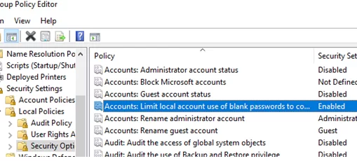 GPO: Accounts: Limit local account use of blank passwords to console logon only