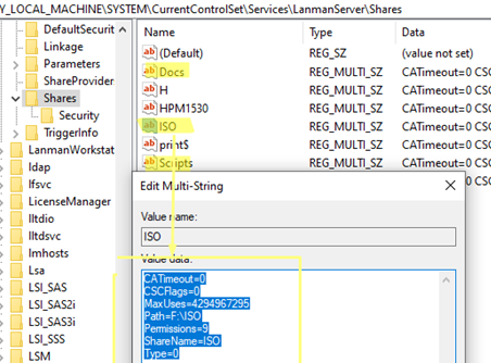 Windows share settings in registry