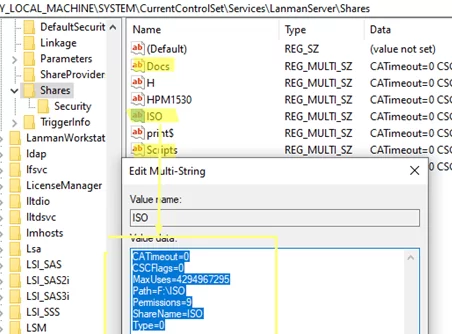 Windows share settings in registry
