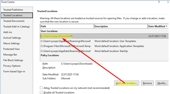 Add a path to Trusted Locations in Microsoft Office