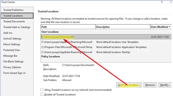 Add a path to Trusted Locations in Microsoft Office