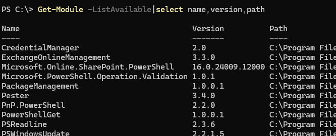 Get-Module -ListAvailable - list all modules including build-in and manually installed