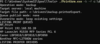 Printbrm.exe - exports printers and drivers configuration to a compressed file for migration
