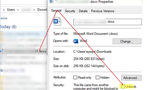 Unbloc file downloaded from the Internet