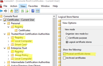 View Physical certificate stores in Windows