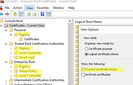 View Physical certificate stores in Windows