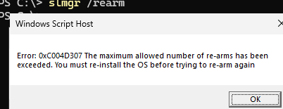 0xC004D307 The maximum allowed number of re-arms has been exceeded