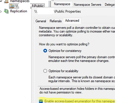 Enable access-based enumeration for DFS namespace