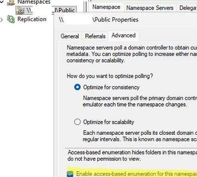 Enable access-based enumeration for DFS namespace