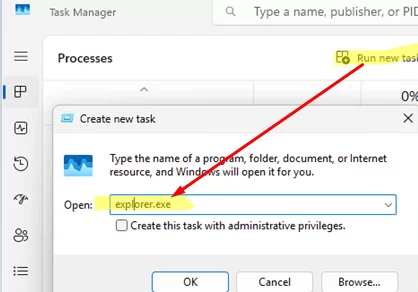 run explorer.exe manually
