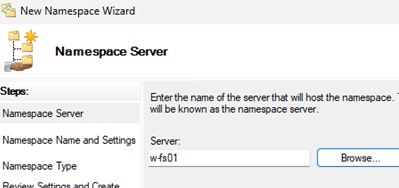 Select the server to host the DFS namespace