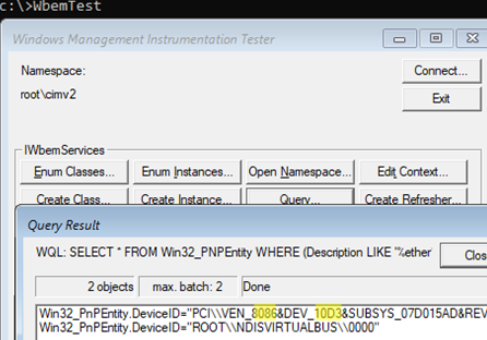 WbemTest - find network adapter ven and dev id