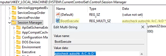 Autodisk check settings in BootExecute registry key