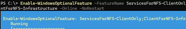 Enable-WindowsOptionalFeature ServicesForNFS-ClientOnly