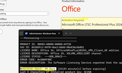 Microsoft Office LTSC 2024 required activation and in grace mode