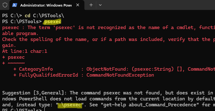 PowerShell error: the term is not recognized as a name of a cmdlet, function, script file, or executable program. The command was not found, but does exist in the current location. PowerShell does not load commands from the current location by default