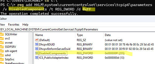 DisabledComponents - disable the IPv6 stack on Windows via the registry
